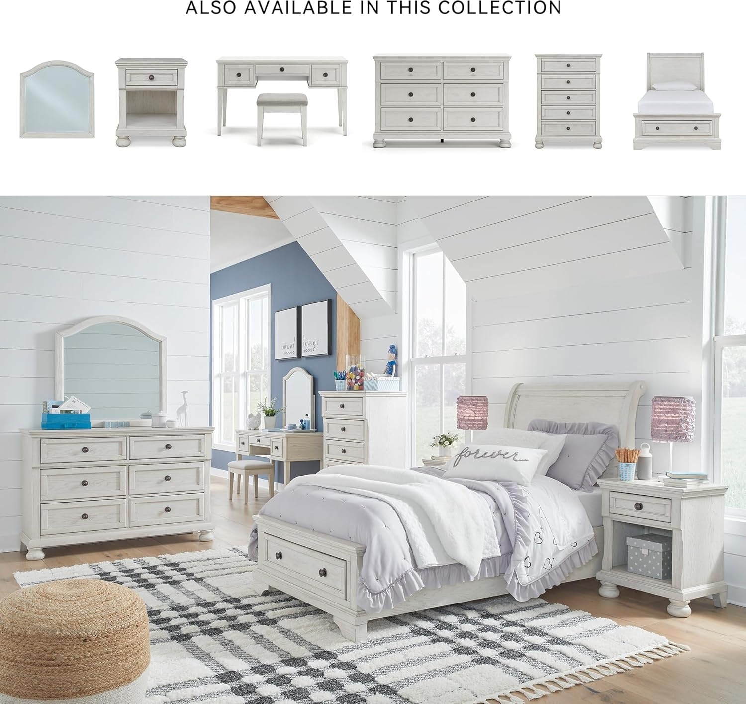 image:imageSignature Design by Ashley Robbinsdale Transitional 54 in 6Drawer Dresser and Mirror with Felt Lined Top WhiteWhitewash