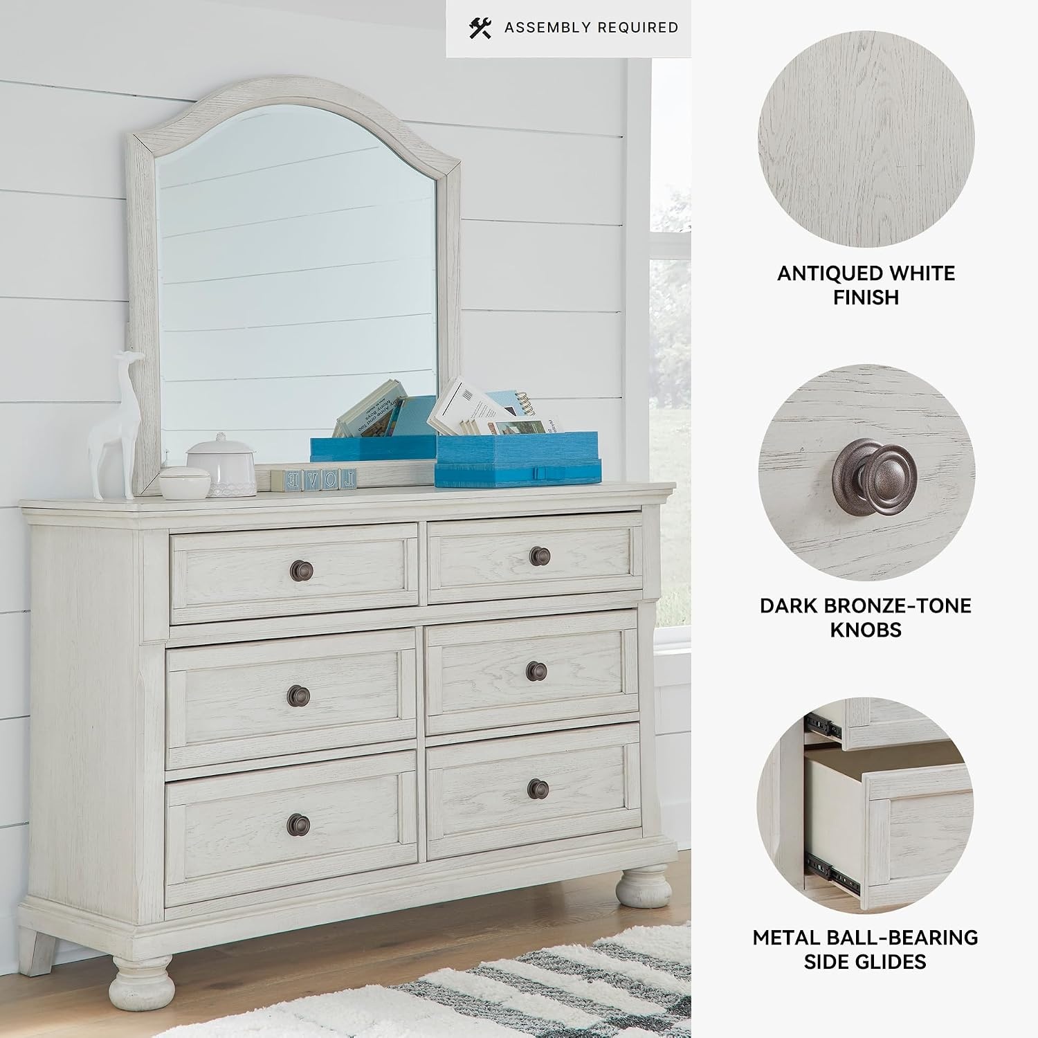 image:imageSignature Design by Ashley Robbinsdale Transitional 54 in 6Drawer Dresser and Mirror with Felt Lined Top WhiteWhitewash