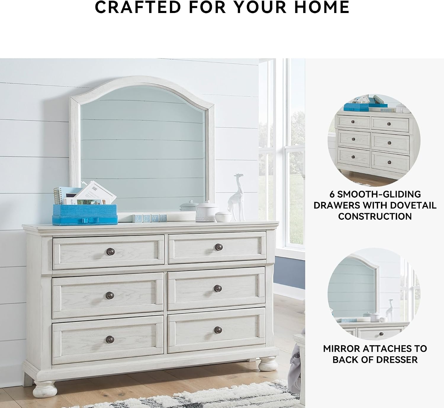 image:imageSignature Design by Ashley Robbinsdale Transitional 54 in 6Drawer Dresser and Mirror with Felt Lined Top WhiteWhitewash