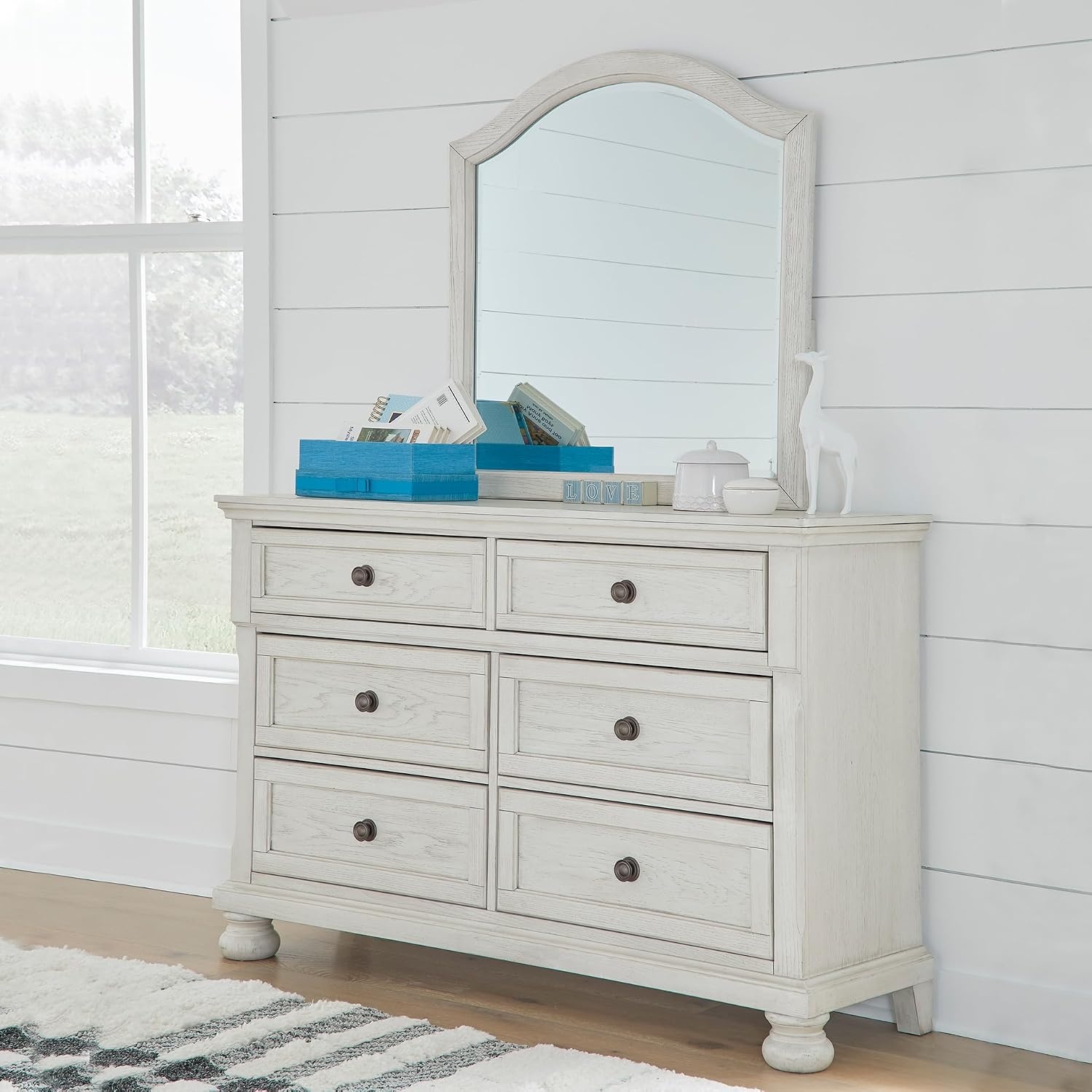 image:imageSignature Design by Ashley Robbinsdale Transitional 54 in 6Drawer Dresser and Mirror with Felt Lined Top WhiteWhitewash