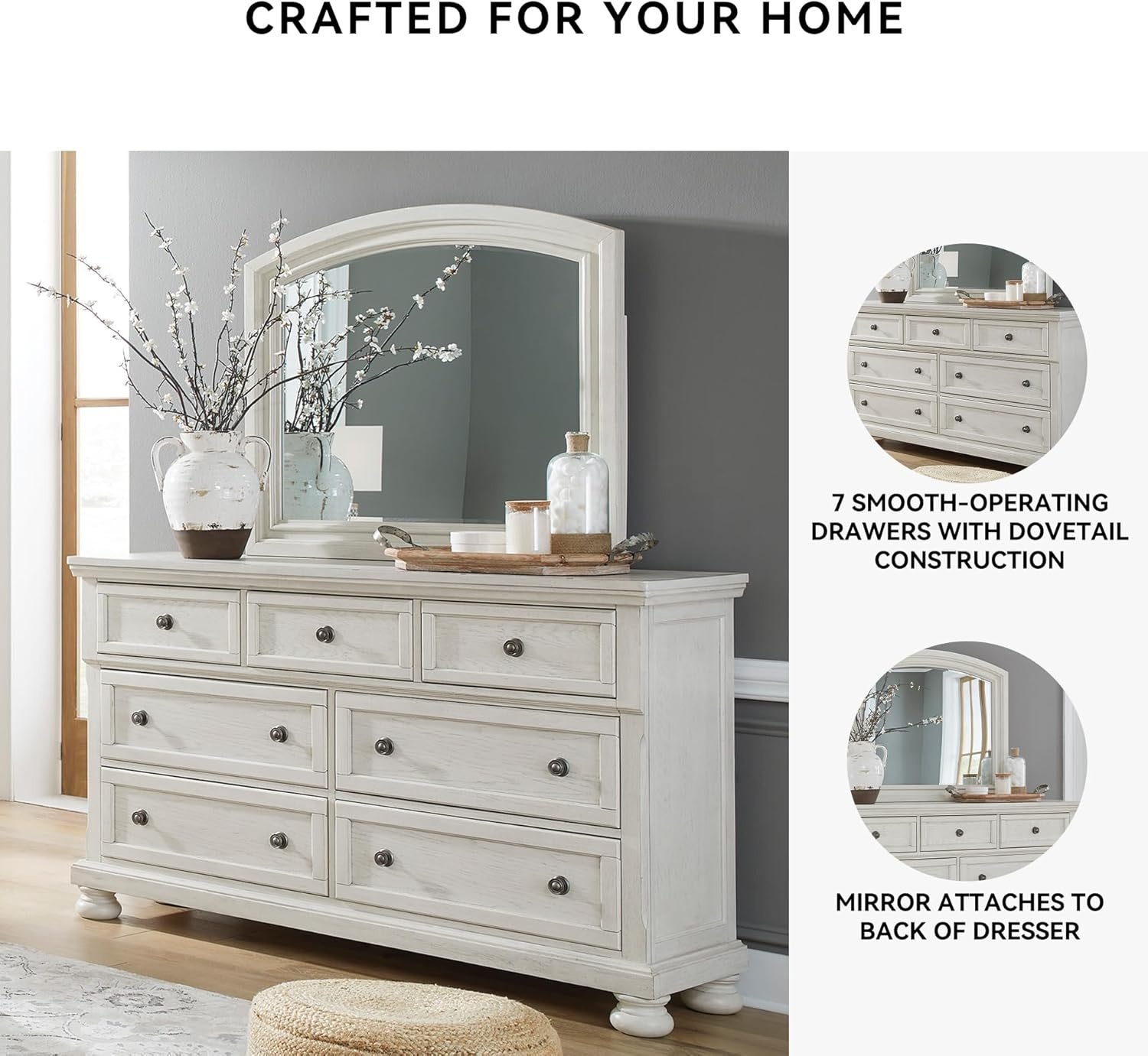 image:imageSignature Design by Ashley Robbinsdale Transitional 54 in 6Drawer Dresser and Mirror with Felt Lined Top WhiteWhitewash