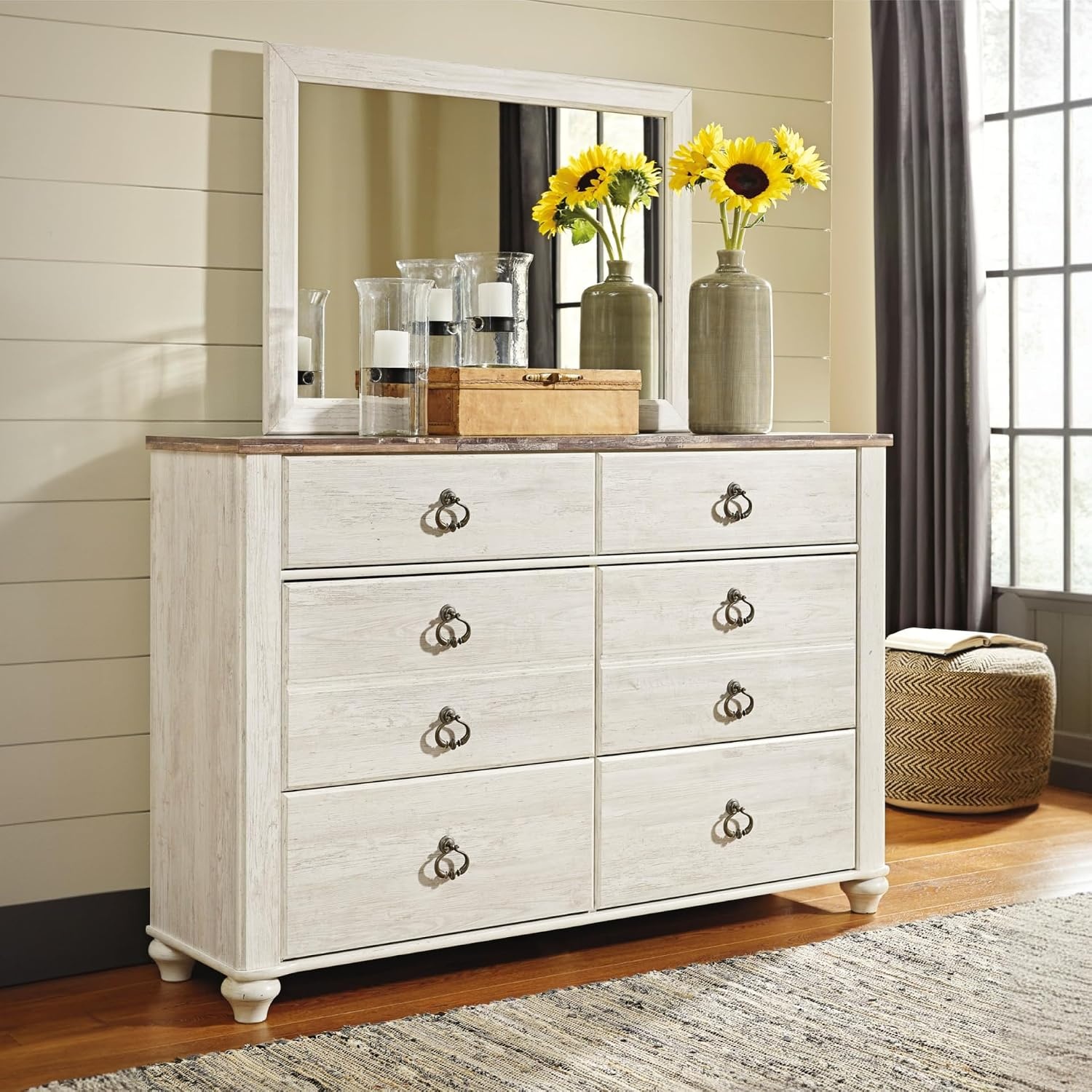 image:imageSignature Design by Ashley Robbinsdale Transitional 54 in 6Drawer Dresser and Mirror with Felt Lined Top WhiteWhitewashBrown