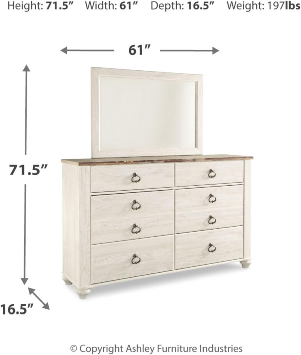 image:imageSignature Design by Ashley Robbinsdale Transitional 54 in 6Drawer Dresser and Mirror with Felt Lined Top WhiteWhitewashBrown