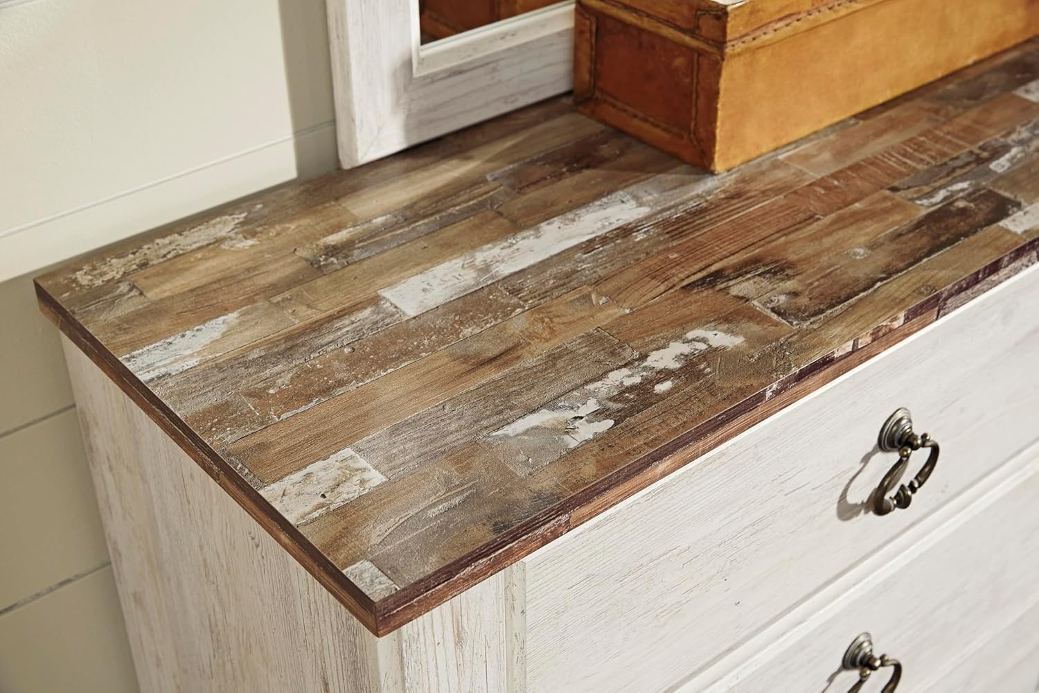 image:imageSignature Design by Ashley Robbinsdale Transitional 54 in 6Drawer Dresser and Mirror with Felt Lined Top WhiteWhitewashBrown