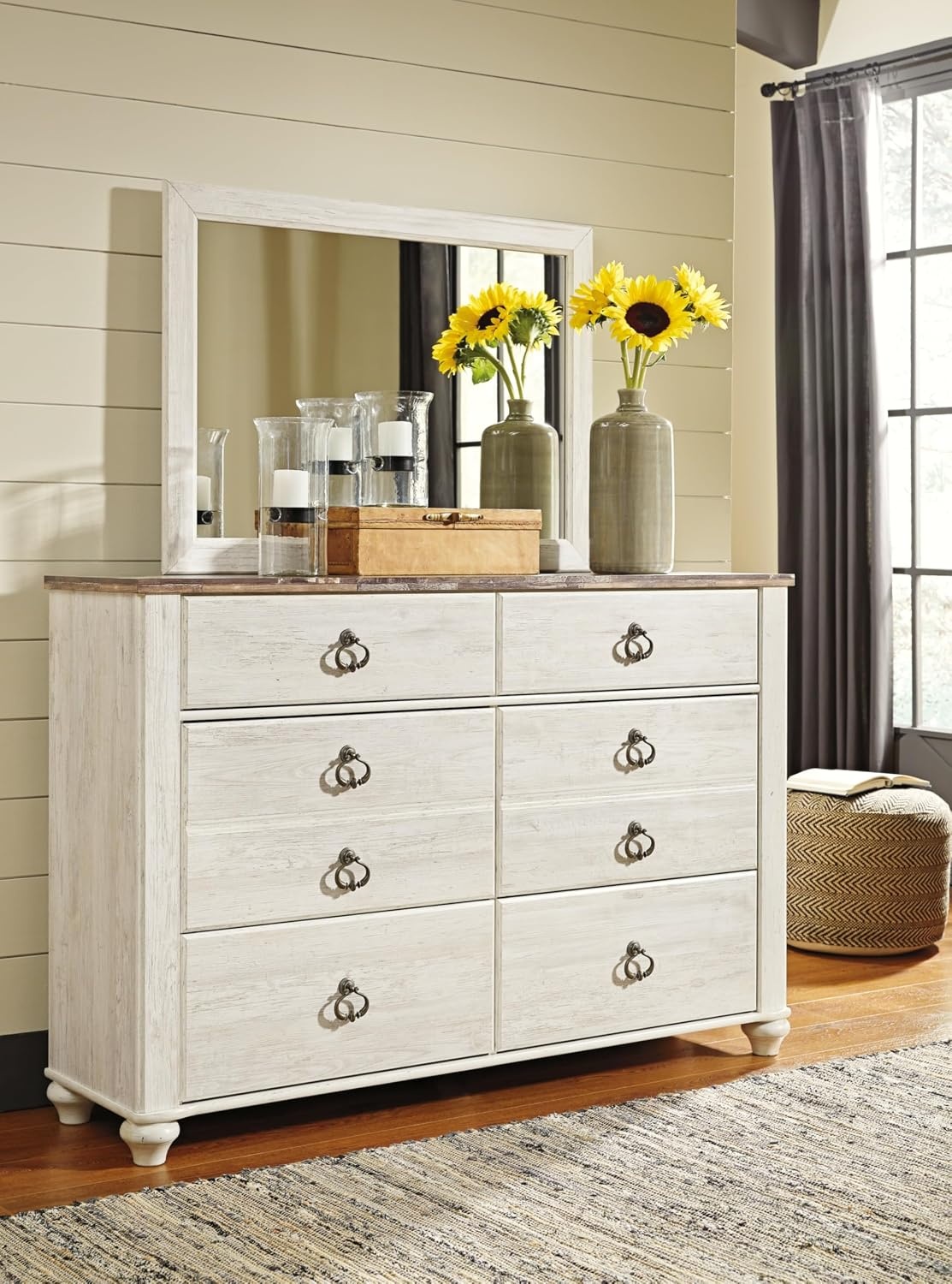 image:imageSignature Design by Ashley Robbinsdale Transitional 54 in 6Drawer Dresser and Mirror with Felt Lined Top WhiteWhitewashBrown