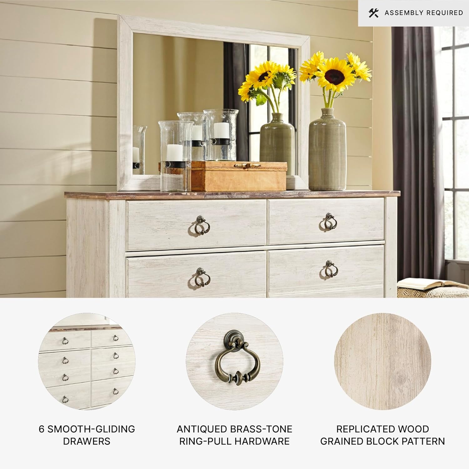 image:imageSignature Design by Ashley Robbinsdale Transitional 54 in 6Drawer Dresser and Mirror with Felt Lined Top WhiteWhitewashBrown