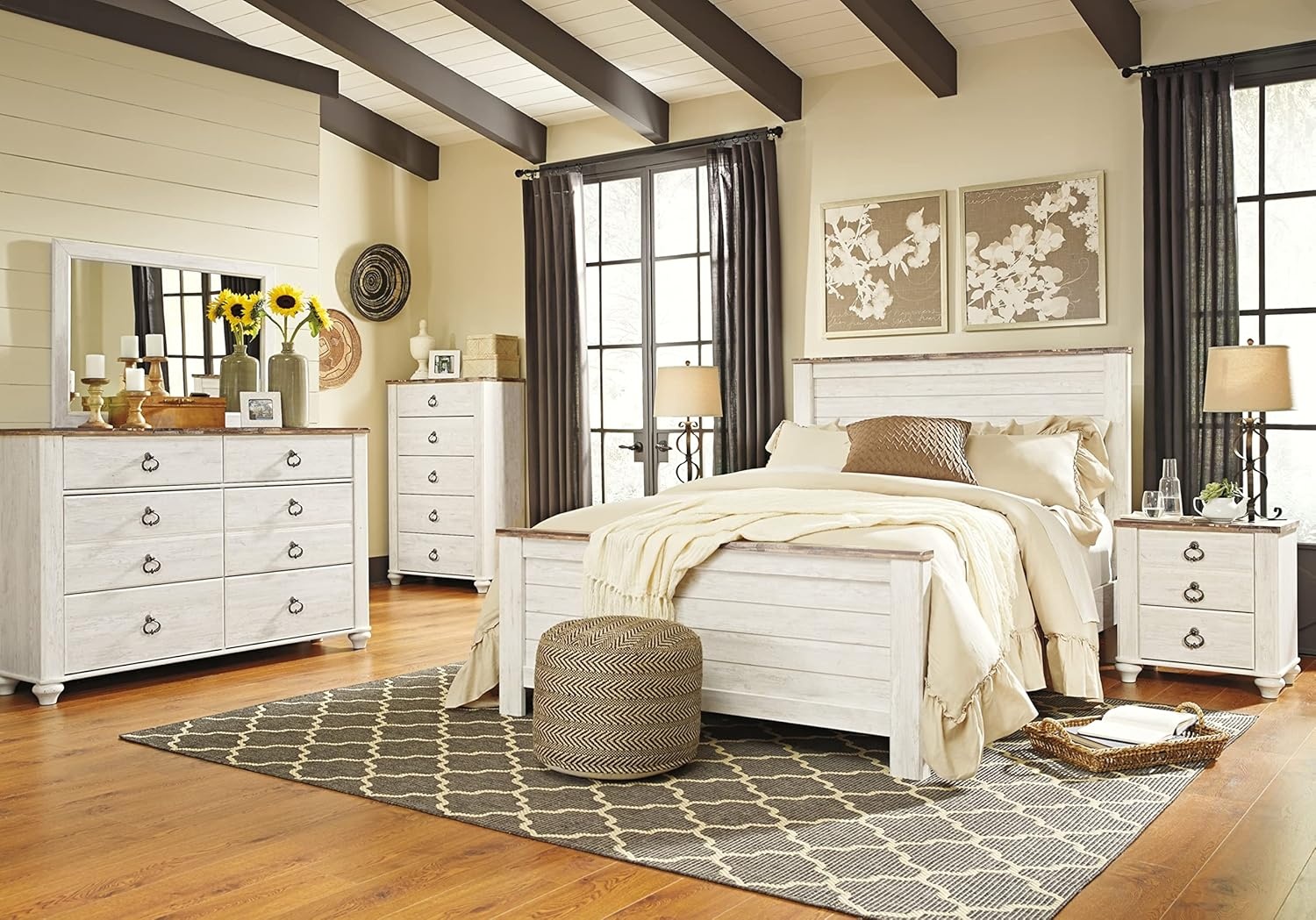 image:imageSignature Design by Ashley Robbinsdale Transitional 54 in 6Drawer Dresser and Mirror with Felt Lined Top WhiteWhitewashBrown