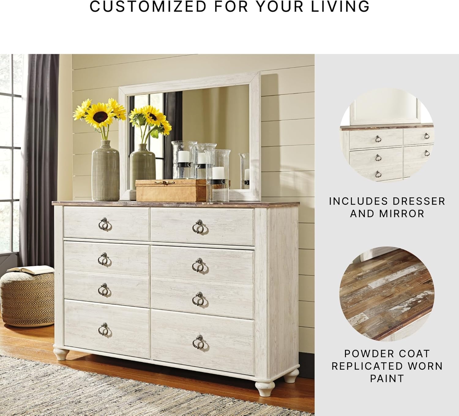 image:imageSignature Design by Ashley Robbinsdale Transitional 54 in 6Drawer Dresser and Mirror with Felt Lined Top WhiteWhitewashBrown