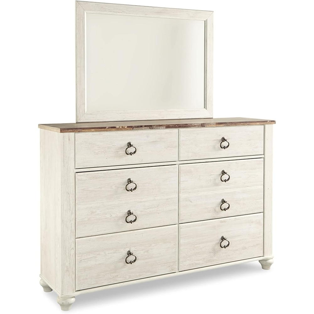 image:imageSignature Design by Ashley Robbinsdale Transitional 54 in 6Drawer Dresser and Mirror with Felt Lined Top WhiteWhitewashBrown