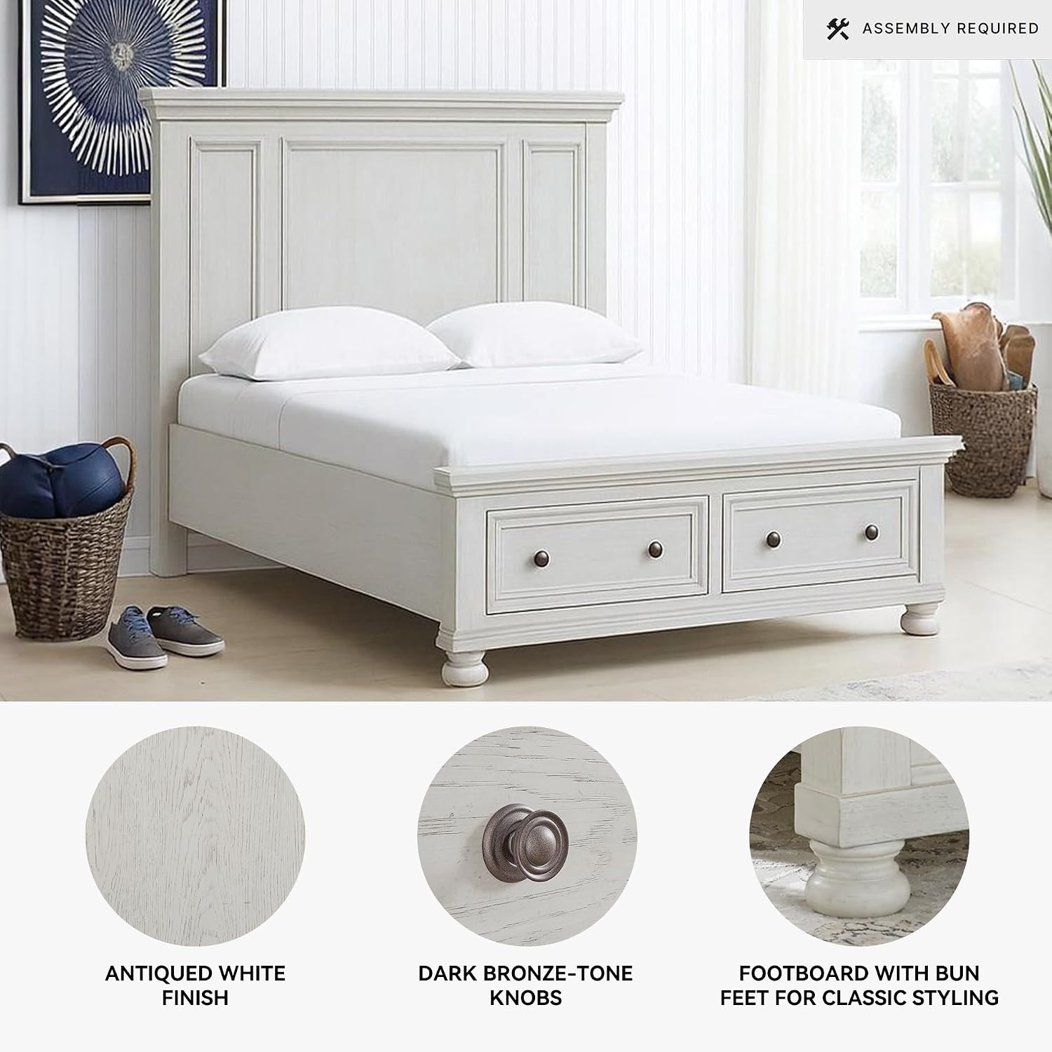 image:imageSignature Design by Ashley Robbinsdale Mirrored Vanity with Bench 52 Inch Antique White Makeup Desk Casual Wood Dressing Table for Bedroom StorageAntique White