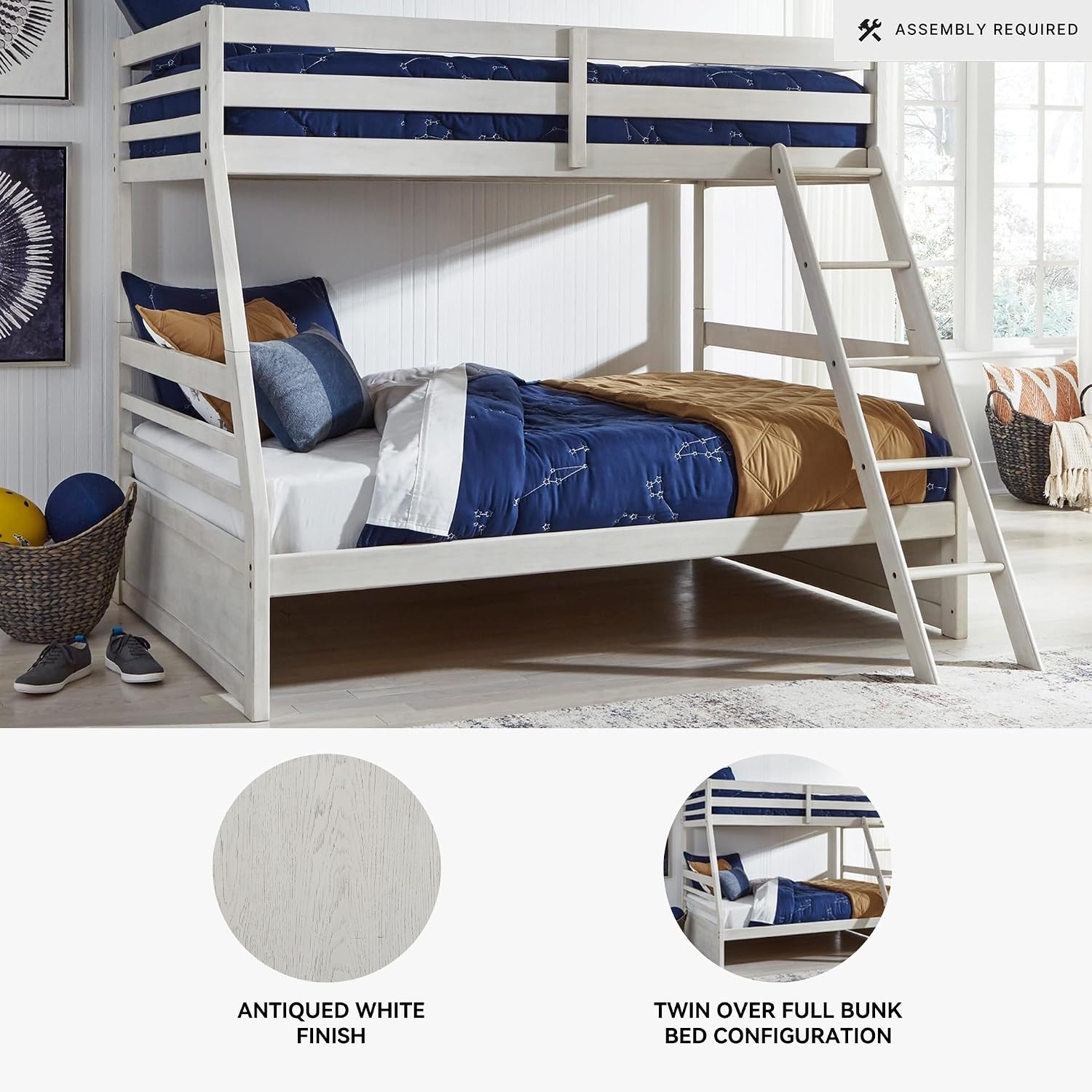 image:imageSignature Design by Ashley Robbinsdale Mirrored Vanity with Bench 52 Inch Antique White Makeup Desk Casual Wood Dressing Table for Bedroom StorageAntique White