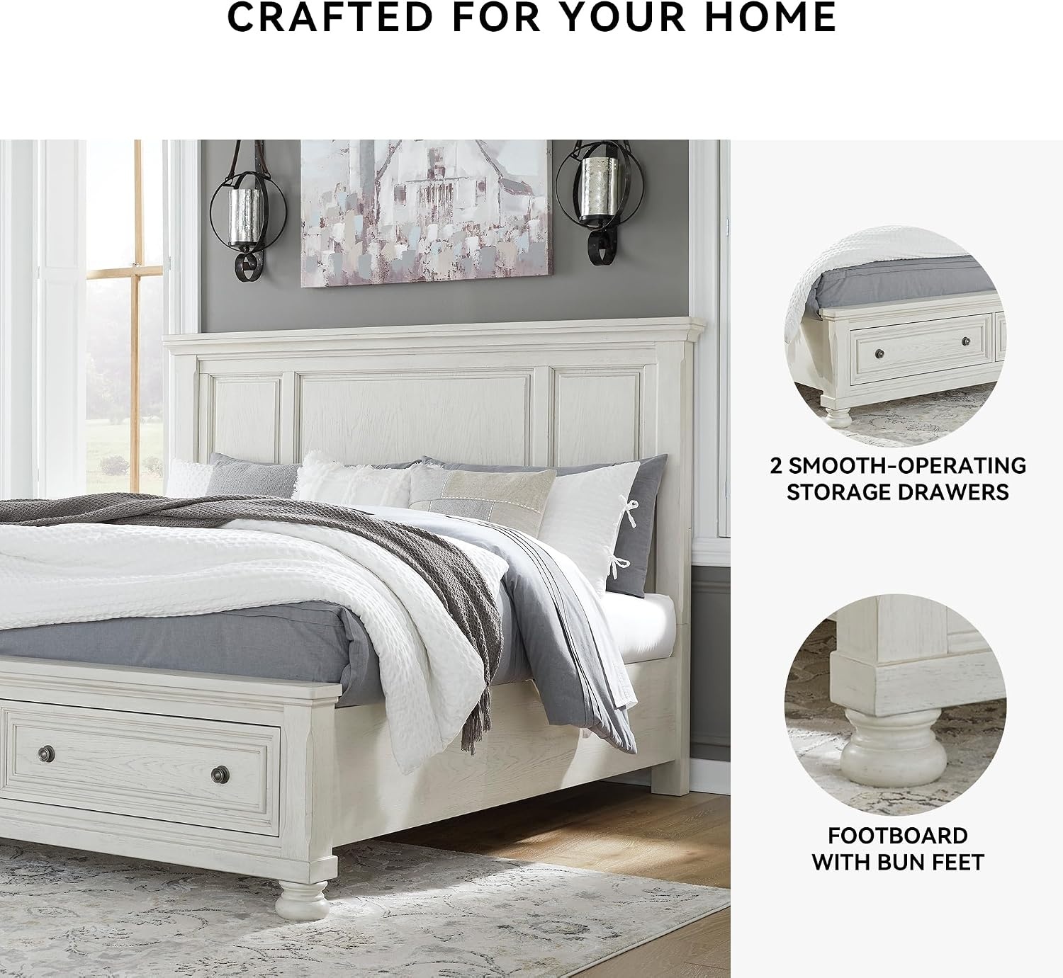 image:imageSignature Design by Ashley Robbinsdale Mirrored Vanity with Bench 52 Inch Antique White Makeup Desk Casual Wood Dressing Table for Bedroom StorageAntique White