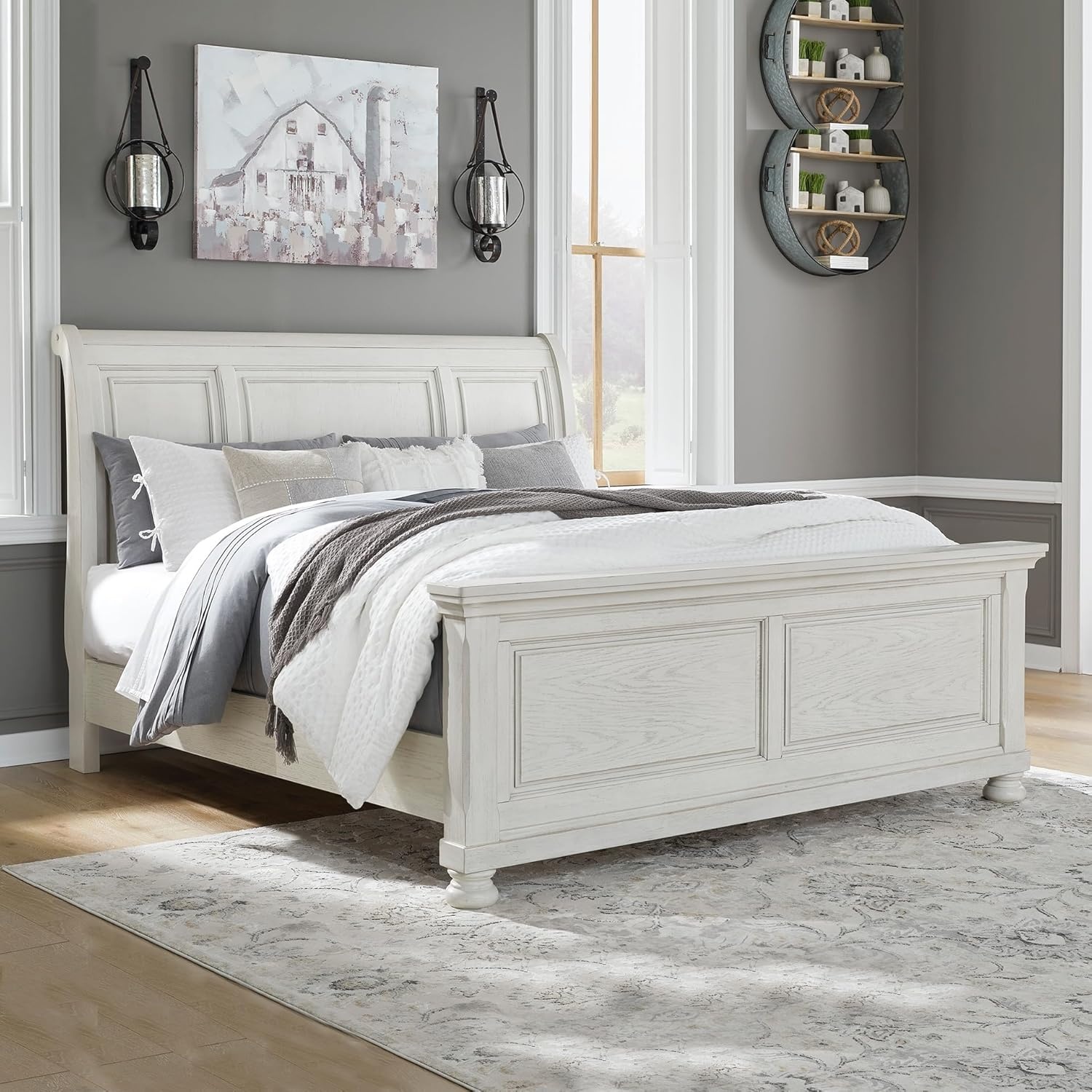 image:imageSignature Design by Ashley Robbinsdale Mirrored Vanity with Bench 52 Inch Antique White Makeup Desk Casual Wood Dressing Table for Bedroom StorageAntique White