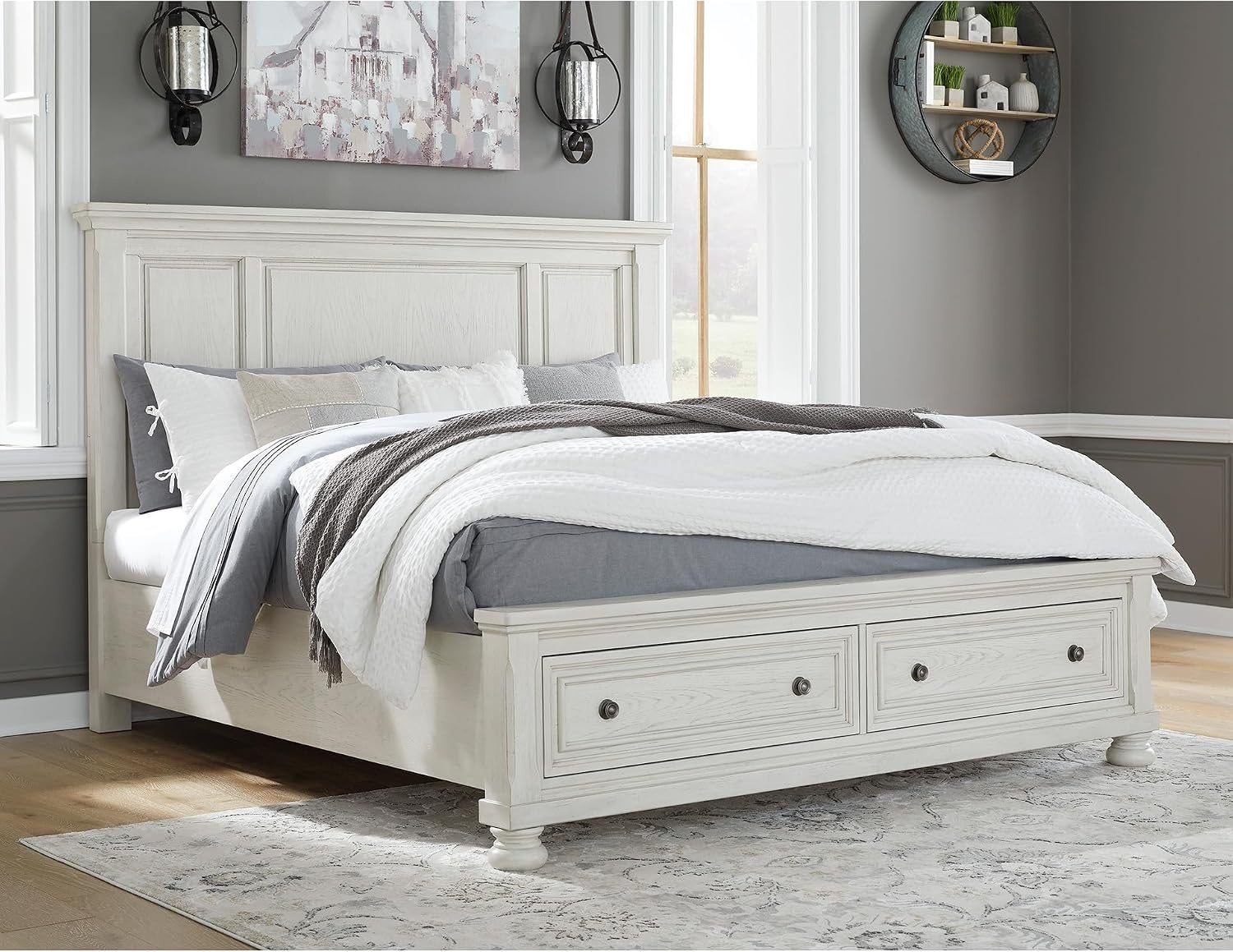 image:imageSignature Design by Ashley Robbinsdale Mirrored Vanity with Bench 52 Inch Antique White Makeup Desk Casual Wood Dressing Table for Bedroom StorageAntique White