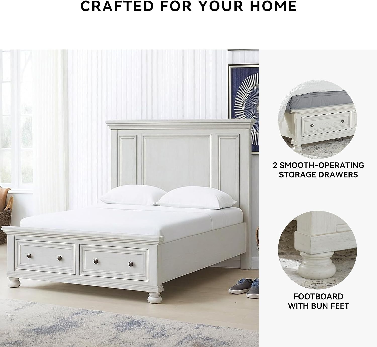 image:imageSignature Design by Ashley Robbinsdale Mirrored Vanity with Bench 52 Inch Antique White Makeup Desk Casual Wood Dressing Table for Bedroom StorageAntique White