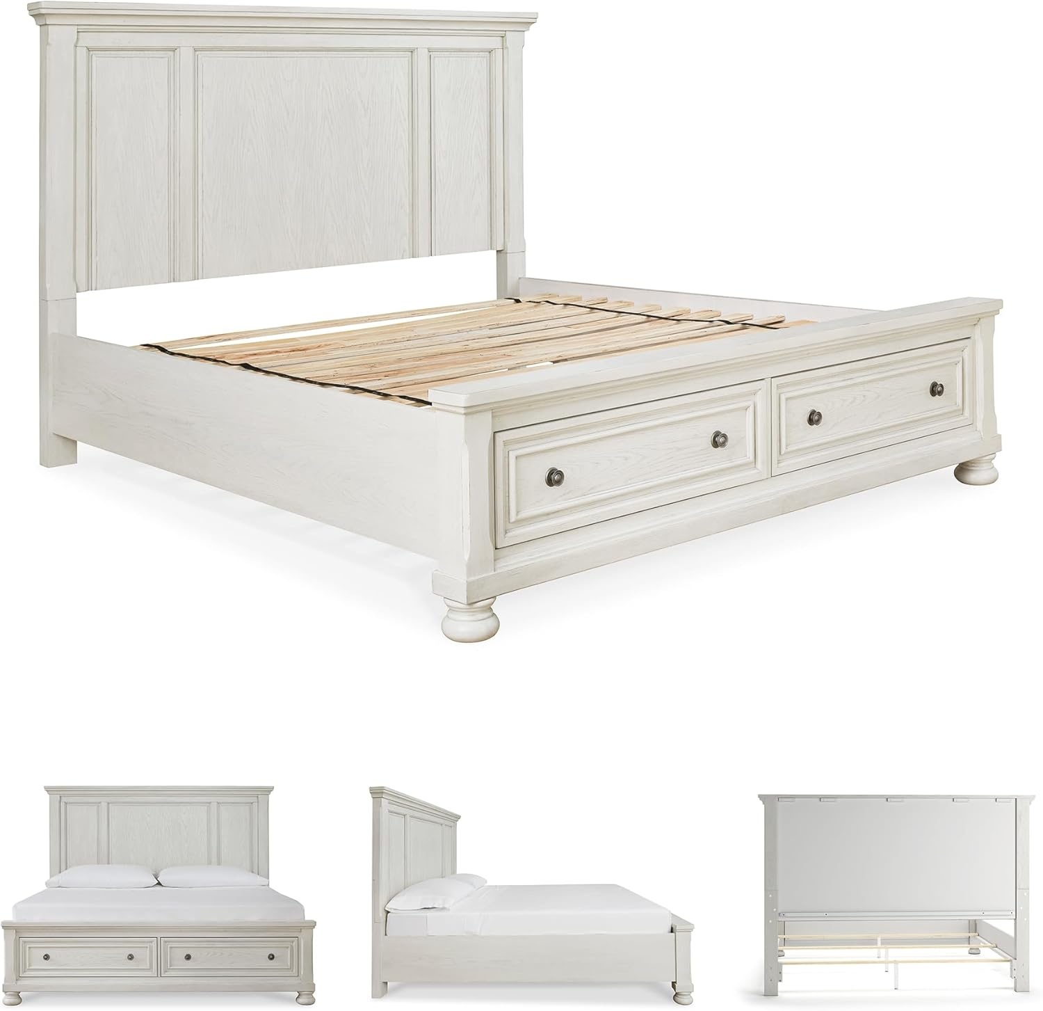 image:imageSignature Design by Ashley Robbinsdale Mirrored Vanity with Bench 52 Inch Antique White Makeup Desk Casual Wood Dressing Table for Bedroom StorageAntique White