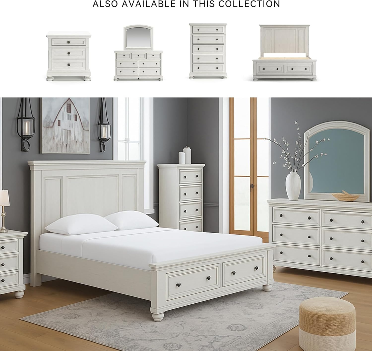 image:imageSignature Design by Ashley Robbinsdale Mirrored Vanity with Bench 52 Inch Antique White Makeup Desk Casual Wood Dressing Table for Bedroom StorageAntique White