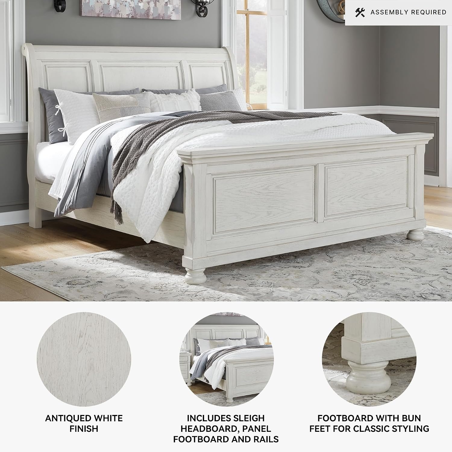 image:imageSignature Design by Ashley Robbinsdale Mirrored Vanity with Bench 52 Inch Antique White Makeup Desk Casual Wood Dressing Table for Bedroom StorageAntique White