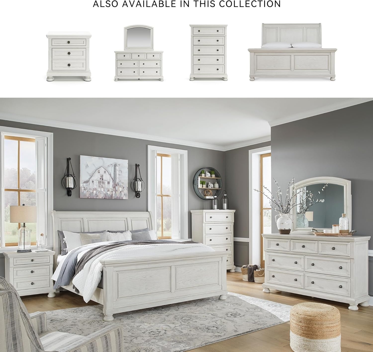 image:imageSignature Design by Ashley Robbinsdale Mirrored Vanity with Bench 52 Inch Antique White Makeup Desk Casual Wood Dressing Table for Bedroom StorageAntique White