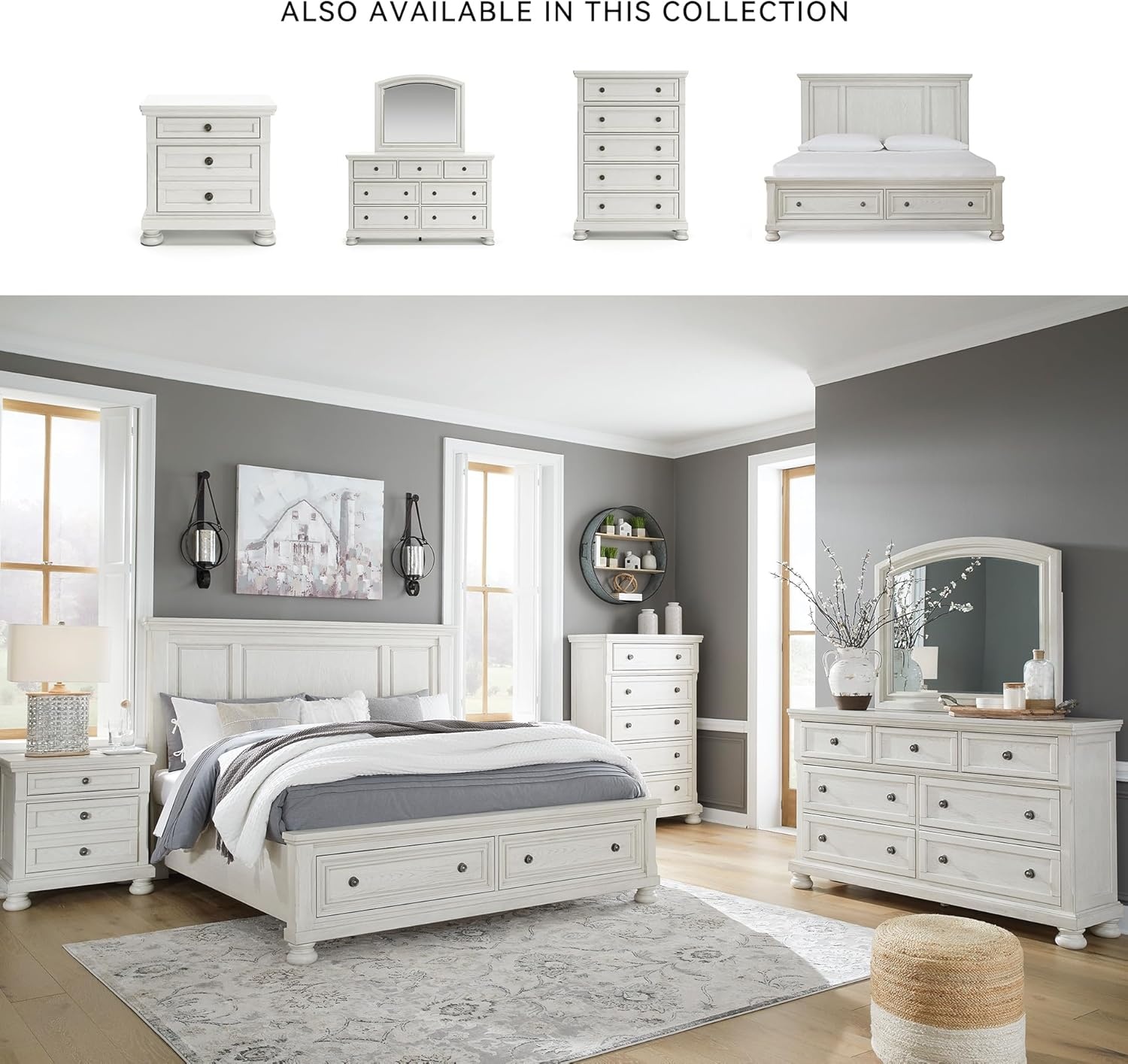 image:imageSignature Design by Ashley Robbinsdale Mirrored Vanity with Bench 52 Inch Antique White Makeup Desk Casual Wood Dressing Table for Bedroom StorageAntique White