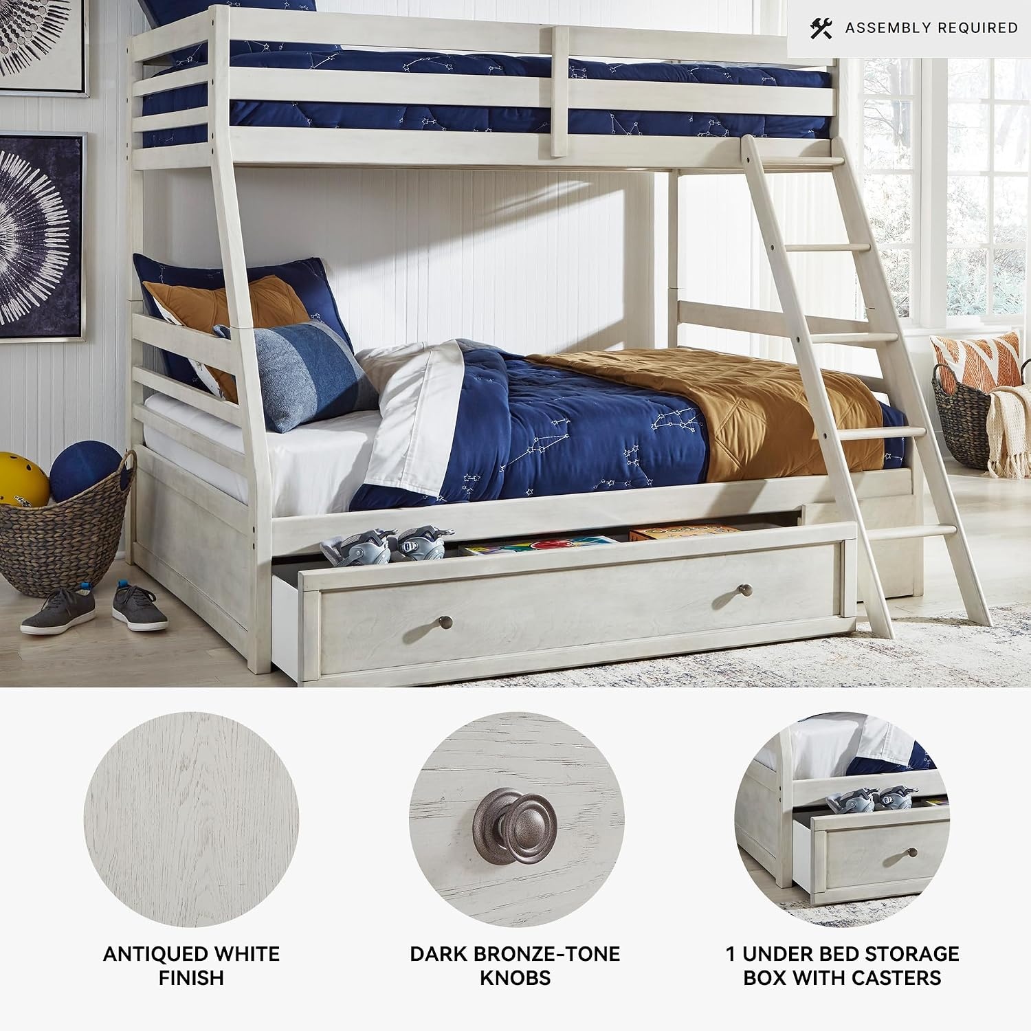 image:imageSignature Design by Ashley Robbinsdale Mirrored Vanity with Bench 52 Inch Antique White Makeup Desk Casual Wood Dressing Table for Bedroom StorageAntique White