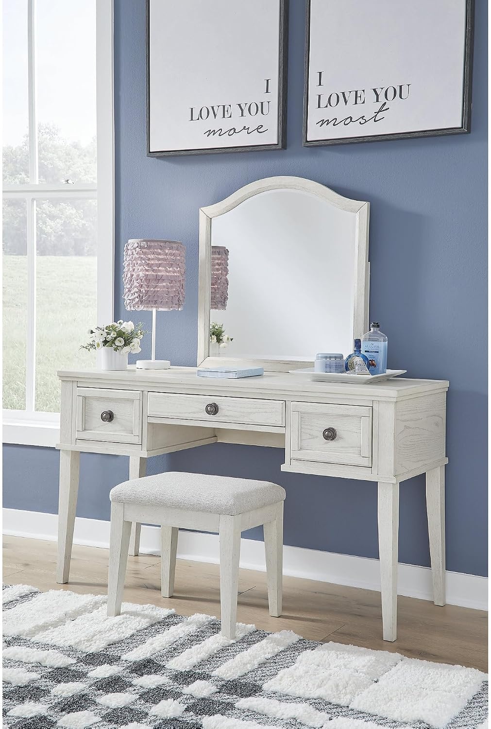 image:imageSignature Design by Ashley Robbinsdale Mirrored Vanity with Bench 52 Inch Antique White Makeup Desk Casual Wood Dressing Table for Bedroom StorageAntique White