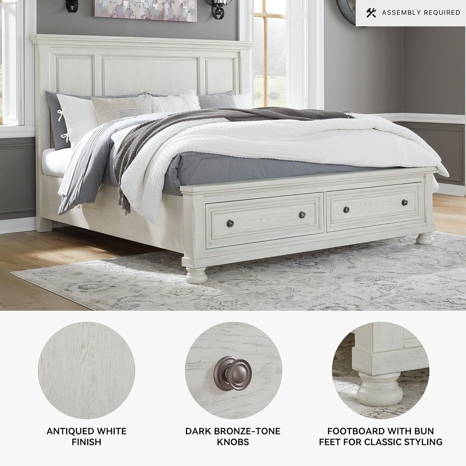 image:imageSignature Design by Ashley Robbinsdale Mirrored Vanity with Bench 52 Inch Antique White Makeup Desk Casual Wood Dressing Table for Bedroom StorageAntique White