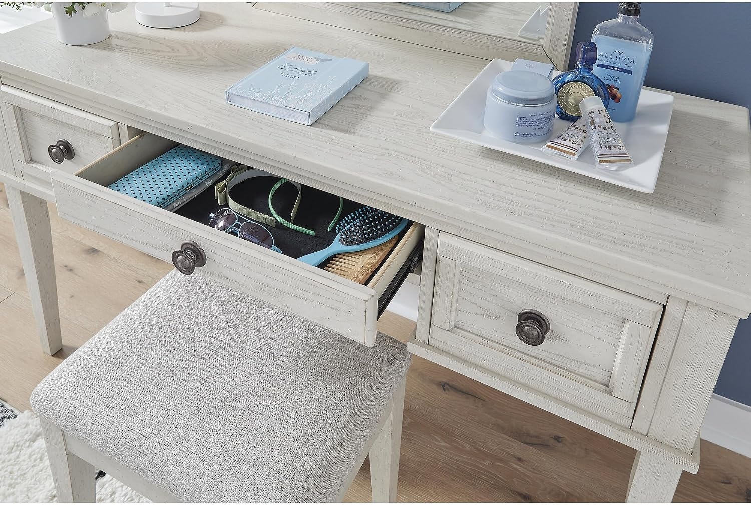 image:imageSignature Design by Ashley Robbinsdale Mirrored Vanity with Bench 52 Inch Antique White Makeup Desk Casual Wood Dressing Table for Bedroom StorageAntique White