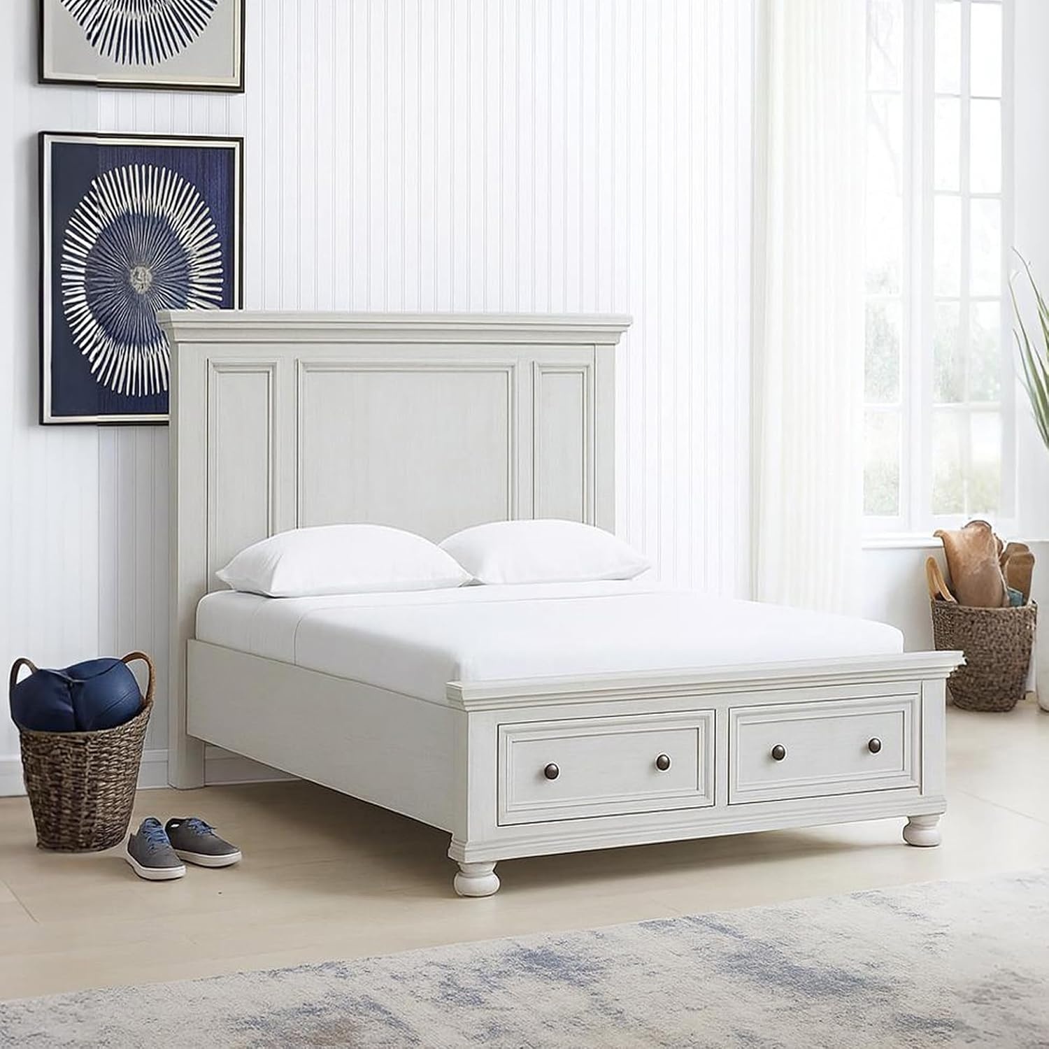 image:imageSignature Design by Ashley Robbinsdale Mirrored Vanity with Bench 52 Inch Antique White Makeup Desk Casual Wood Dressing Table for Bedroom StorageAntique White