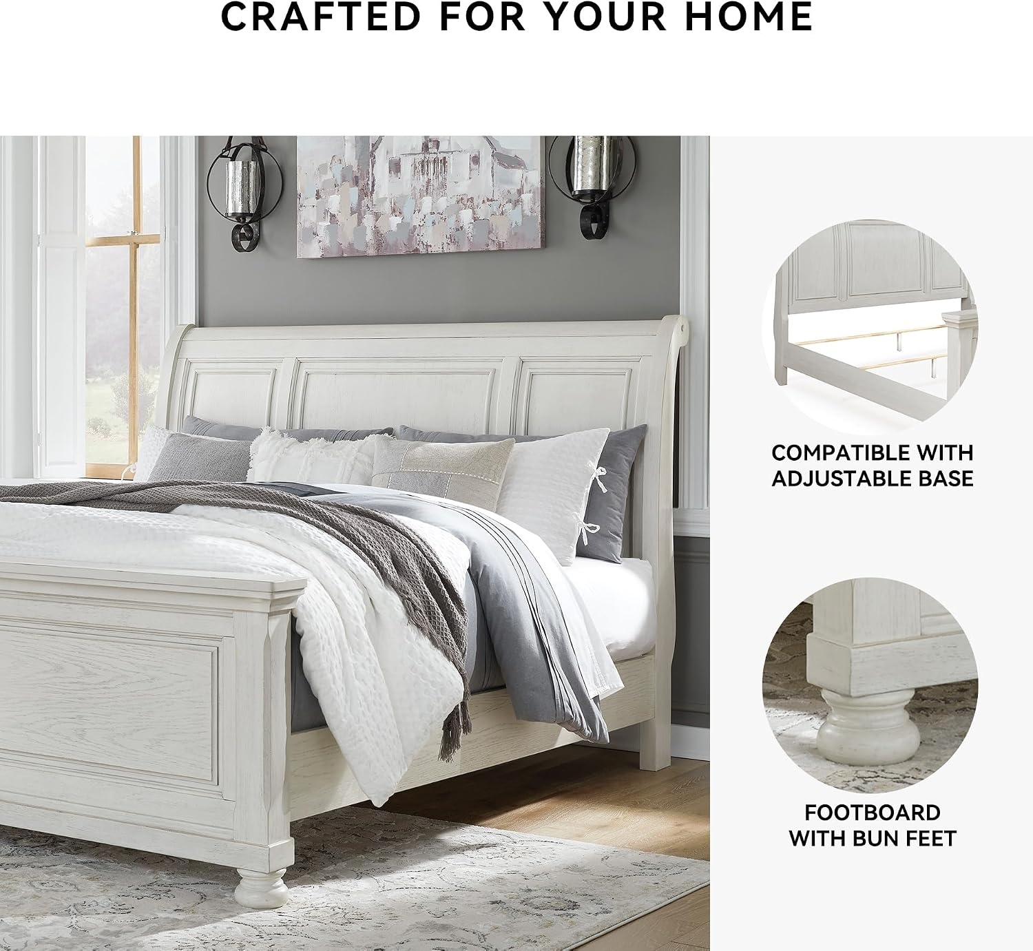 image:imageSignature Design by Ashley Robbinsdale Mirrored Vanity with Bench 52 Inch Antique White Makeup Desk Casual Wood Dressing Table for Bedroom StorageAntique White