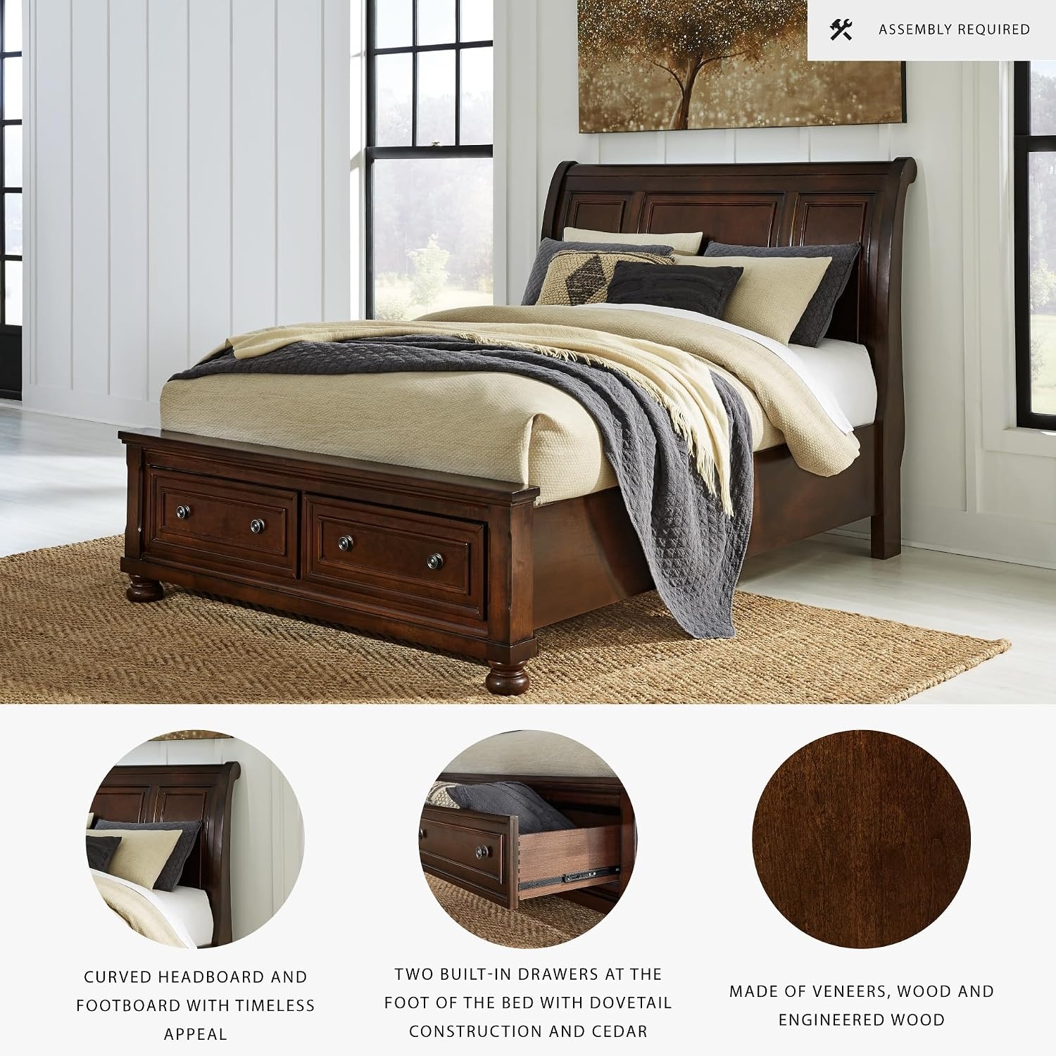 image:imageSignature Design by Ashley Robbinsdale Mirrored Vanity with Bench 52 Inch Antique White Makeup Desk Casual Wood Dressing Table for Bedroom StorageDark Brown