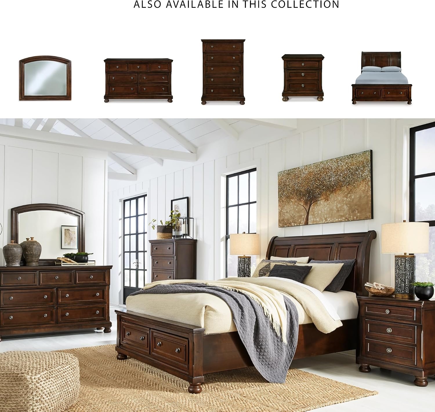 image:imageSignature Design by Ashley Robbinsdale Mirrored Vanity with Bench 52 Inch Antique White Makeup Desk Casual Wood Dressing Table for Bedroom StorageDark Brown