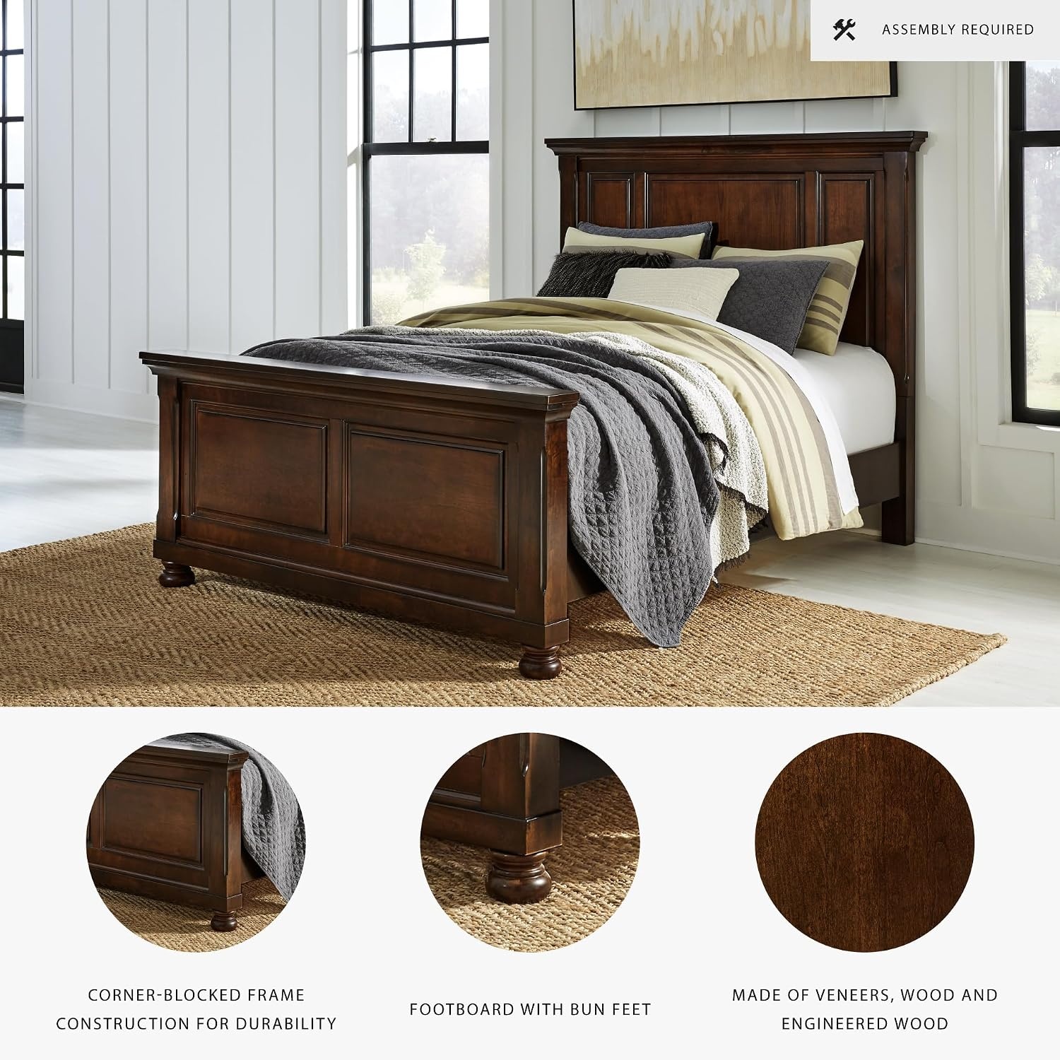 image:imageSignature Design by Ashley Robbinsdale Mirrored Vanity with Bench 52 Inch Antique White Makeup Desk Casual Wood Dressing Table for Bedroom StorageDark Brown
