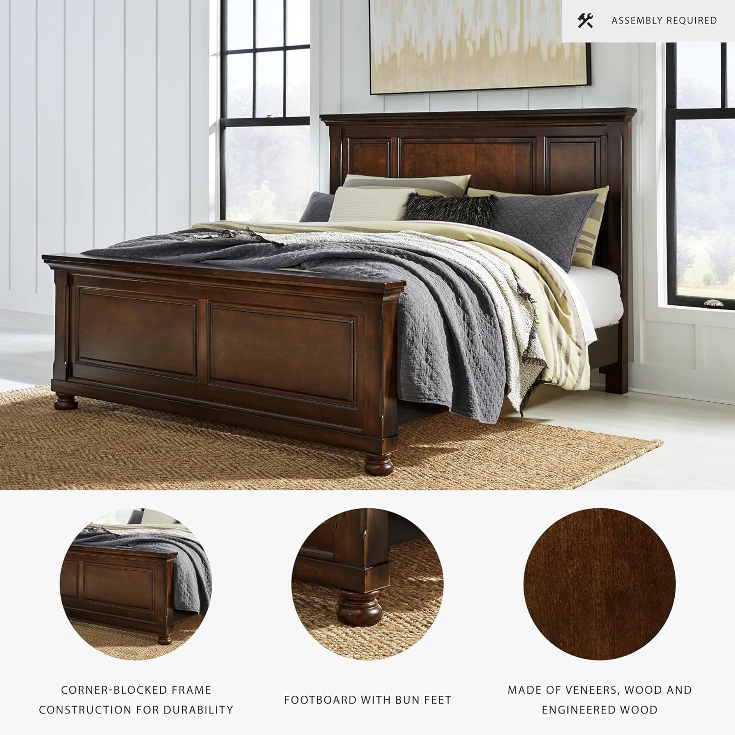 image:imageSignature Design by Ashley Robbinsdale Mirrored Vanity with Bench 52 Inch Antique White Makeup Desk Casual Wood Dressing Table for Bedroom StorageDark Brown