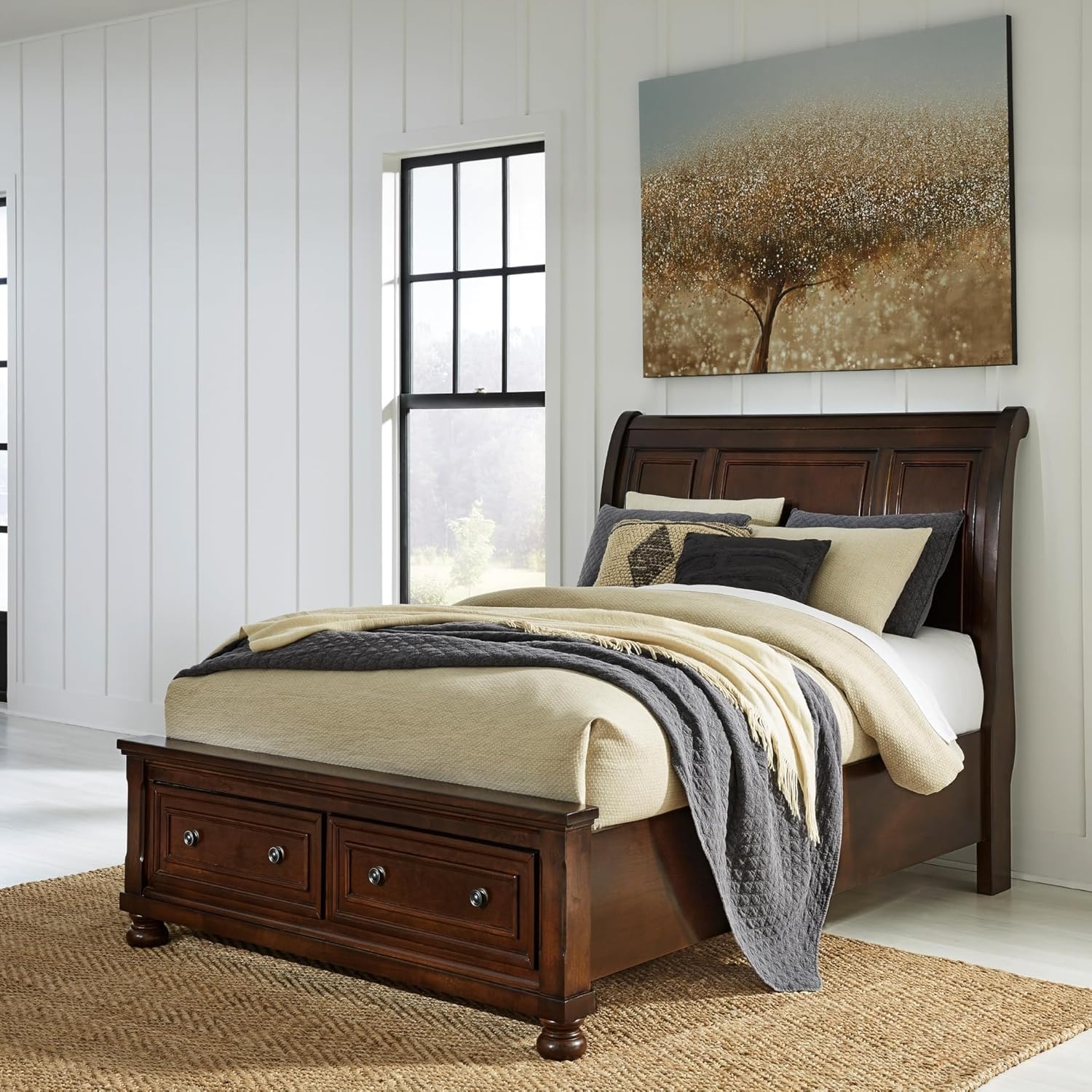 image:imageSignature Design by Ashley Robbinsdale Mirrored Vanity with Bench 52 Inch Antique White Makeup Desk Casual Wood Dressing Table for Bedroom StorageDark Brown