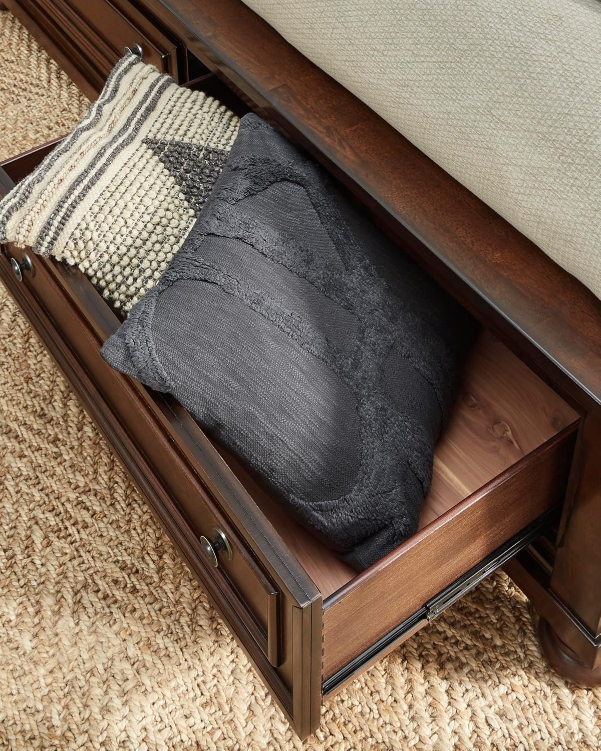 image:imageSignature Design by Ashley Robbinsdale Mirrored Vanity with Bench 52 Inch Antique White Makeup Desk Casual Wood Dressing Table for Bedroom StorageDark Brown