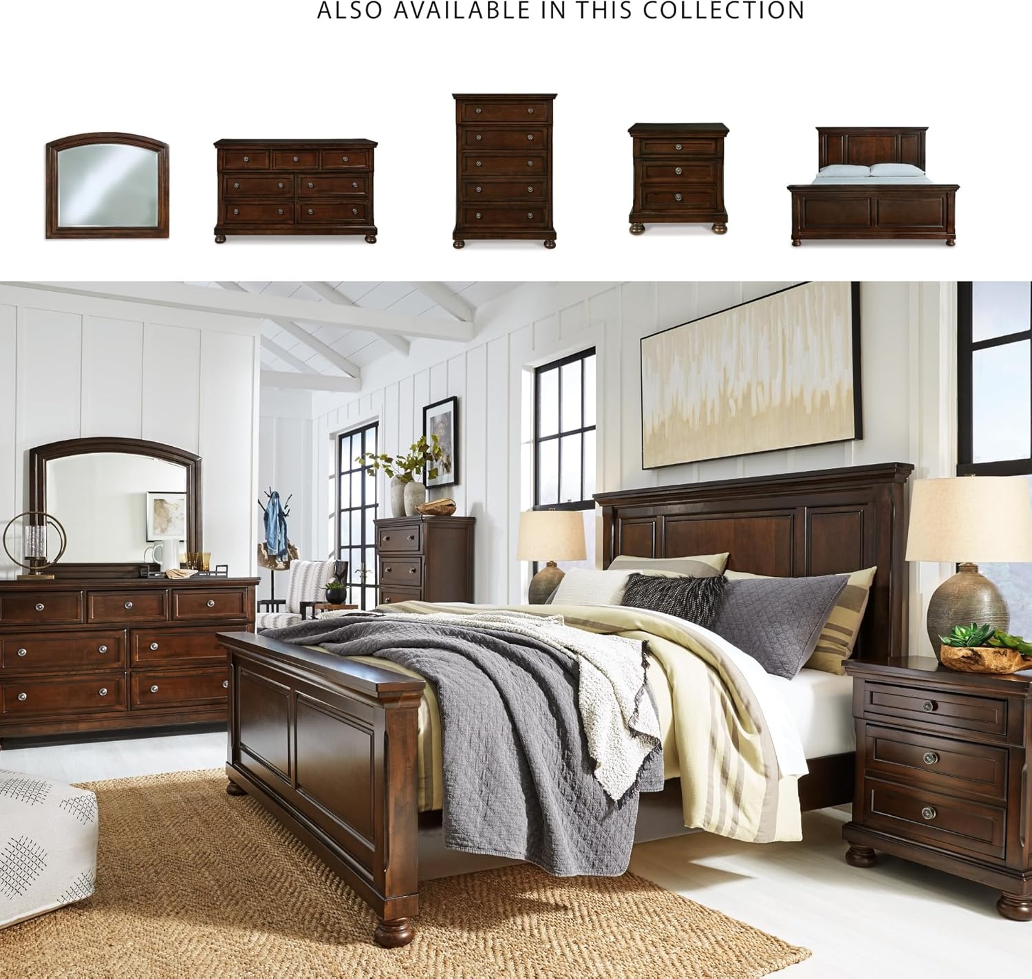 image:imageSignature Design by Ashley Robbinsdale Mirrored Vanity with Bench 52 Inch Antique White Makeup Desk Casual Wood Dressing Table for Bedroom StorageDark Brown