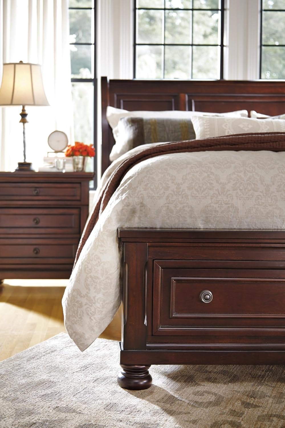image:imageSignature Design by Ashley Robbinsdale Mirrored Vanity with Bench 52 Inch Antique White Makeup Desk Casual Wood Dressing Table for Bedroom StorageDark Brown