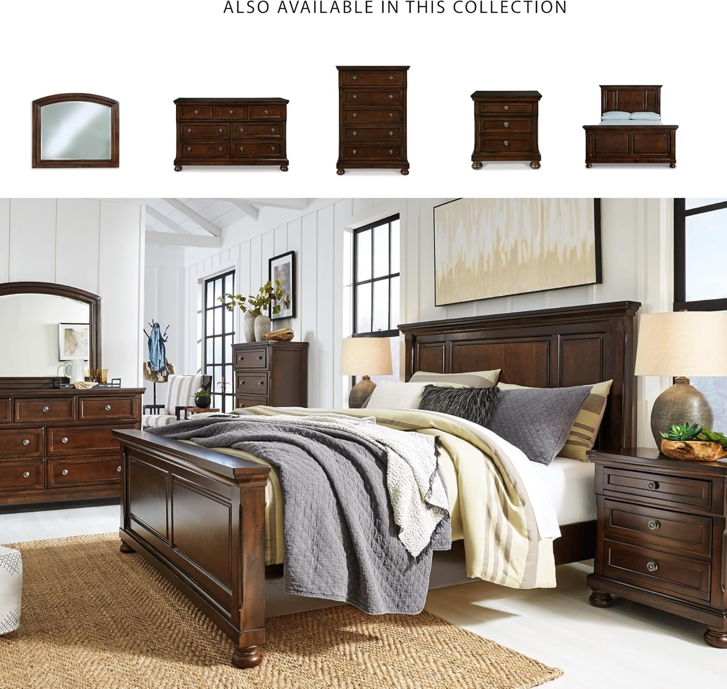image:imageSignature Design by Ashley Robbinsdale Mirrored Vanity with Bench 52 Inch Antique White Makeup Desk Casual Wood Dressing Table for Bedroom StorageDark Brown