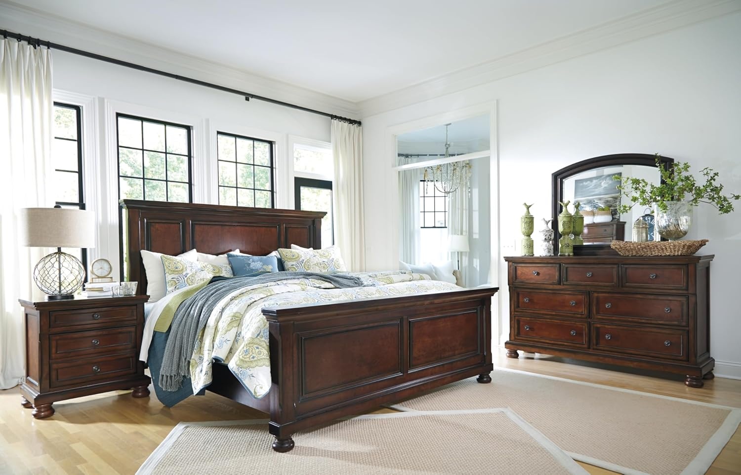 image:imageSignature Design by Ashley Robbinsdale Mirrored Vanity with Bench 52 Inch Antique White Makeup Desk Casual Wood Dressing Table for Bedroom StorageDark Brown
