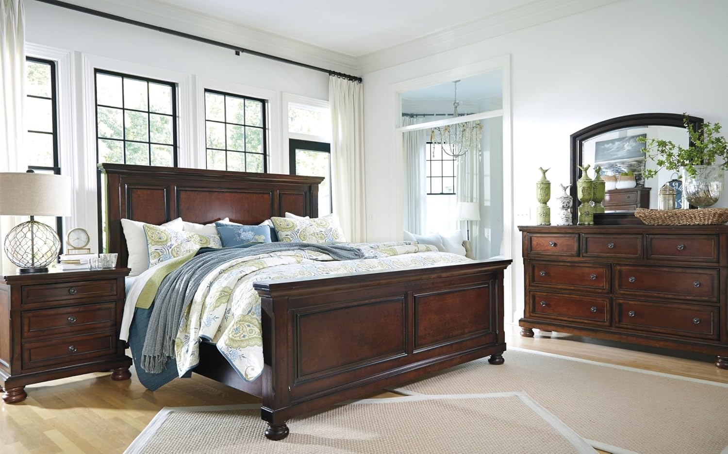 image:imageSignature Design by Ashley Robbinsdale Mirrored Vanity with Bench 52 Inch Antique White Makeup Desk Casual Wood Dressing Table for Bedroom StorageDark Brown