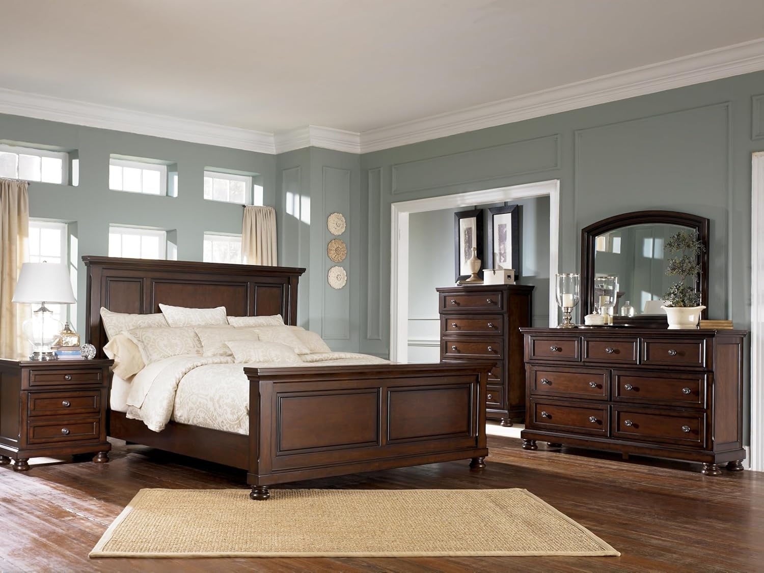 image:imageSignature Design by Ashley Robbinsdale Mirrored Vanity with Bench 52 Inch Antique White Makeup Desk Casual Wood Dressing Table for Bedroom StorageDark Brown