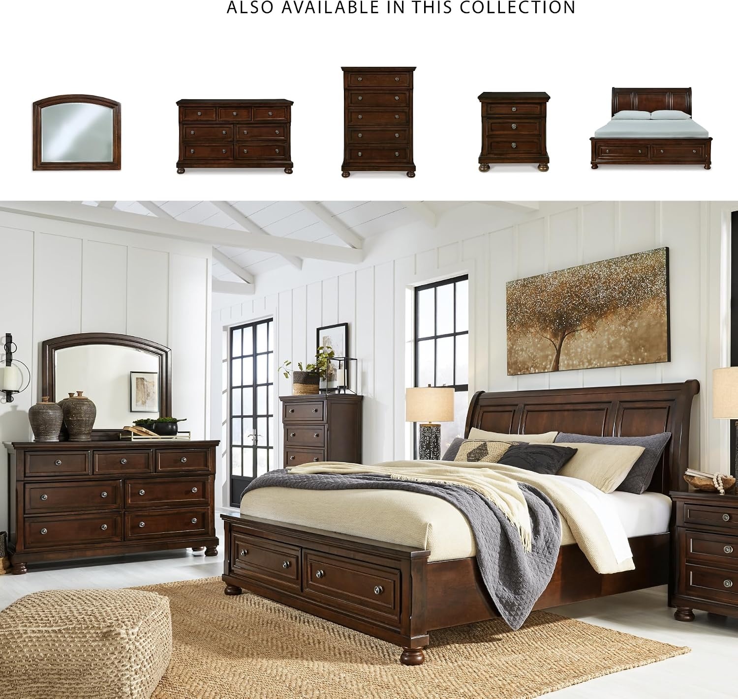 image:imageSignature Design by Ashley Robbinsdale Mirrored Vanity with Bench 52 Inch Antique White Makeup Desk Casual Wood Dressing Table for Bedroom StorageDark Brown