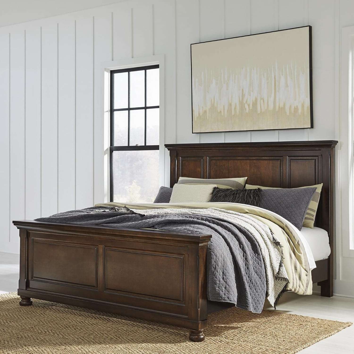 image:imageSignature Design by Ashley Robbinsdale Mirrored Vanity with Bench 52 Inch Antique White Makeup Desk Casual Wood Dressing Table for Bedroom StorageDark Brown