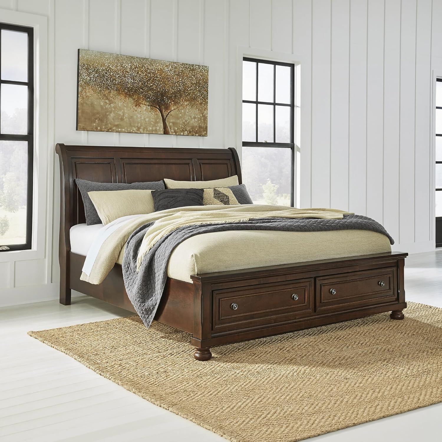 image:imageSignature Design by Ashley Robbinsdale Mirrored Vanity with Bench 52 Inch Antique White Makeup Desk Casual Wood Dressing Table for Bedroom StorageDark Brown