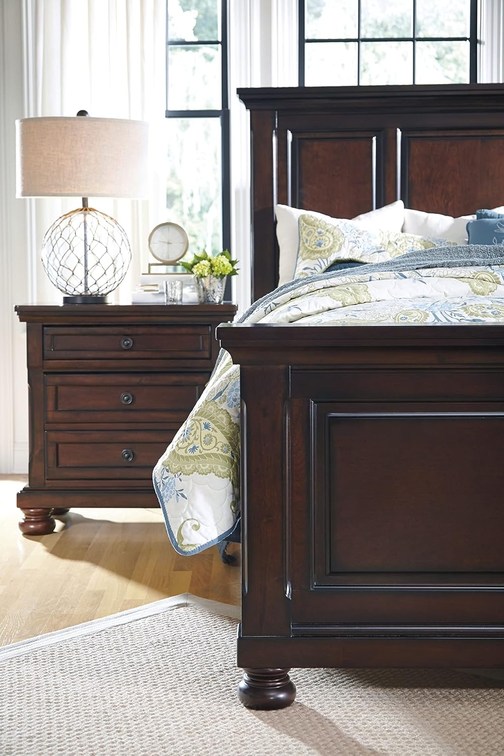 image:imageSignature Design by Ashley Robbinsdale Mirrored Vanity with Bench 52 Inch Antique White Makeup Desk Casual Wood Dressing Table for Bedroom StorageDark Brown
