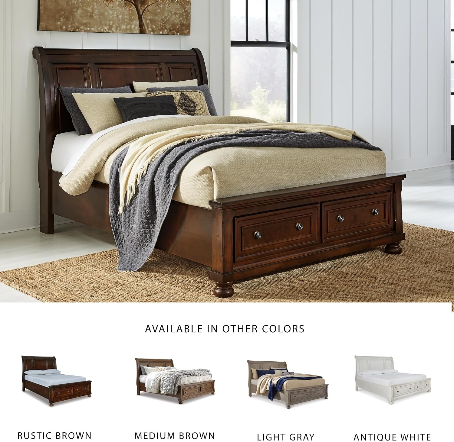 image:imageSignature Design by Ashley Robbinsdale Mirrored Vanity with Bench 52 Inch Antique White Makeup Desk Casual Wood Dressing Table for Bedroom StorageDark Brown