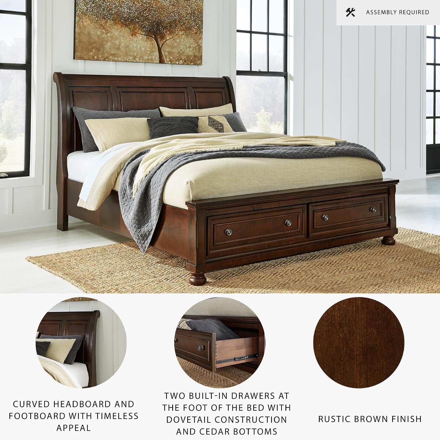 image:imageSignature Design by Ashley Robbinsdale Mirrored Vanity with Bench 52 Inch Antique White Makeup Desk Casual Wood Dressing Table for Bedroom StorageDark Brown
