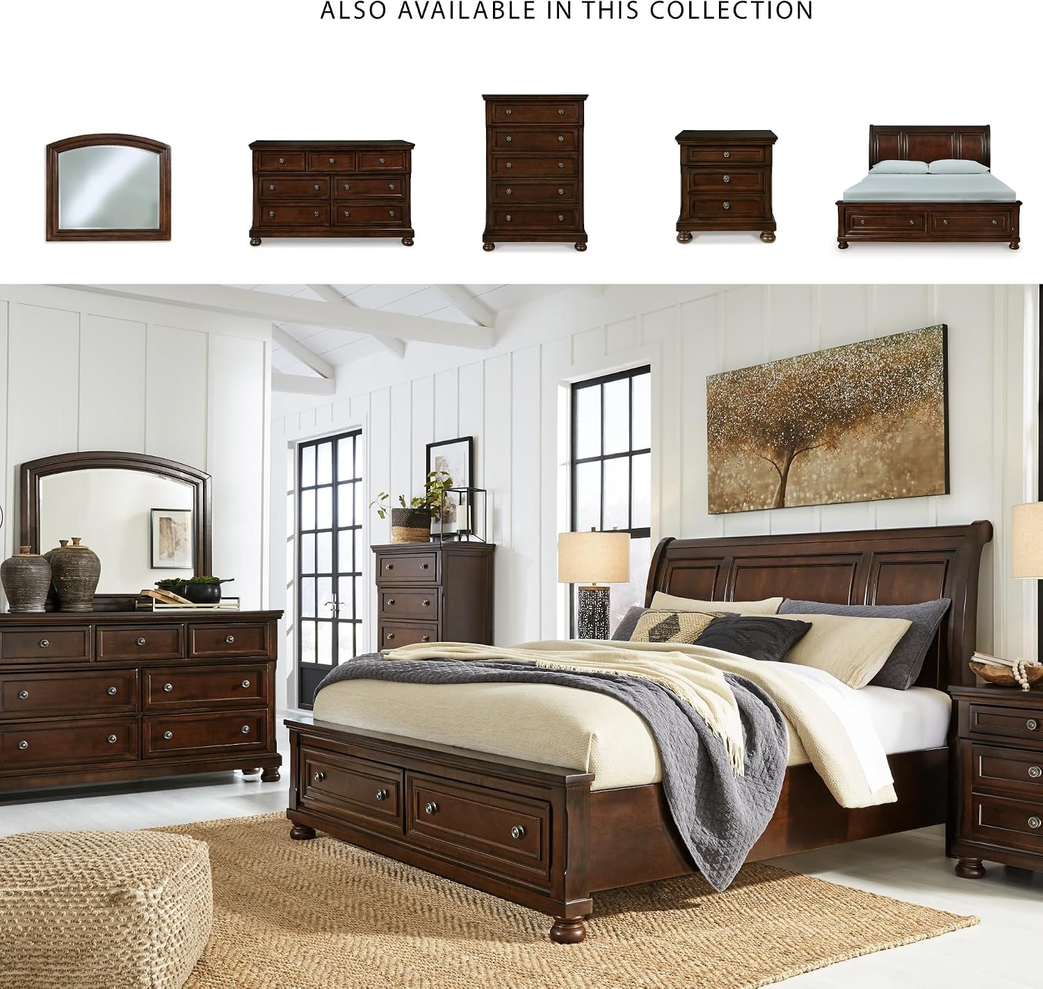 image:imageSignature Design by Ashley Robbinsdale Mirrored Vanity with Bench 52 Inch Antique White Makeup Desk Casual Wood Dressing Table for Bedroom StorageRustic Brown