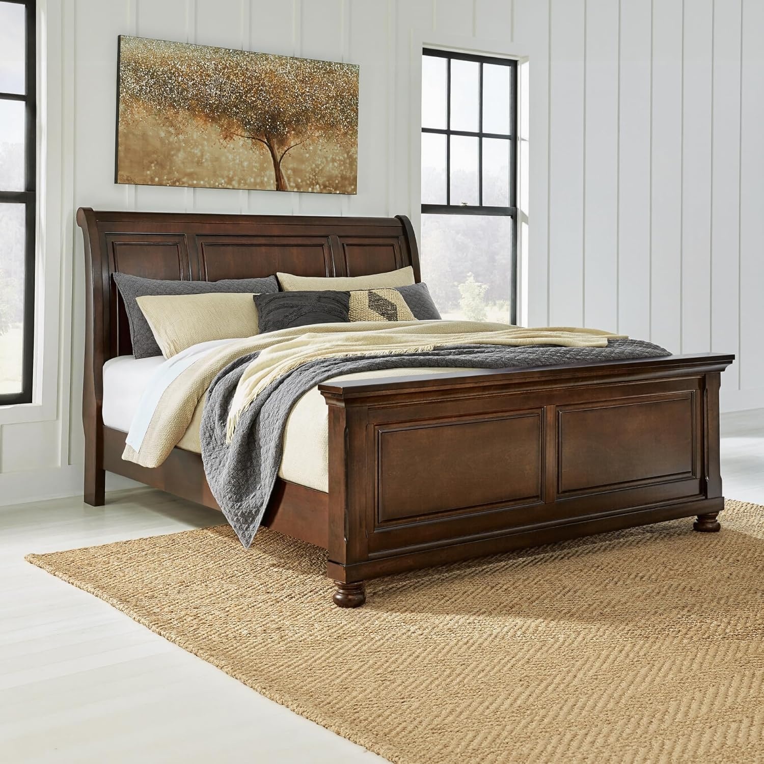 image:imageSignature Design by Ashley Robbinsdale Mirrored Vanity with Bench 52 Inch Antique White Makeup Desk Casual Wood Dressing Table for Bedroom StorageRustic Brown